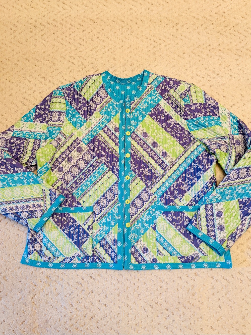 Appleseed Reversible Quilted Jacket NEW Size XL Blue Green Patchwork Cottage